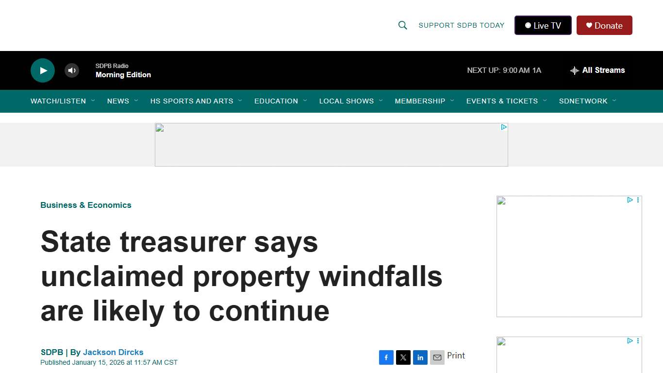 State treasurer says unclaimed property windfalls are likely to continue | SDPB