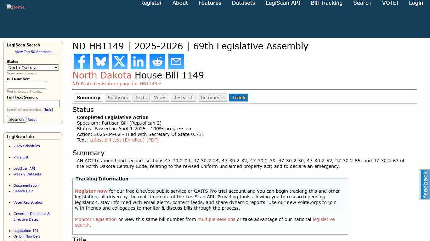 ND HB1149 | 2025-2026 | 69th Legislative Assembly | LegiScan